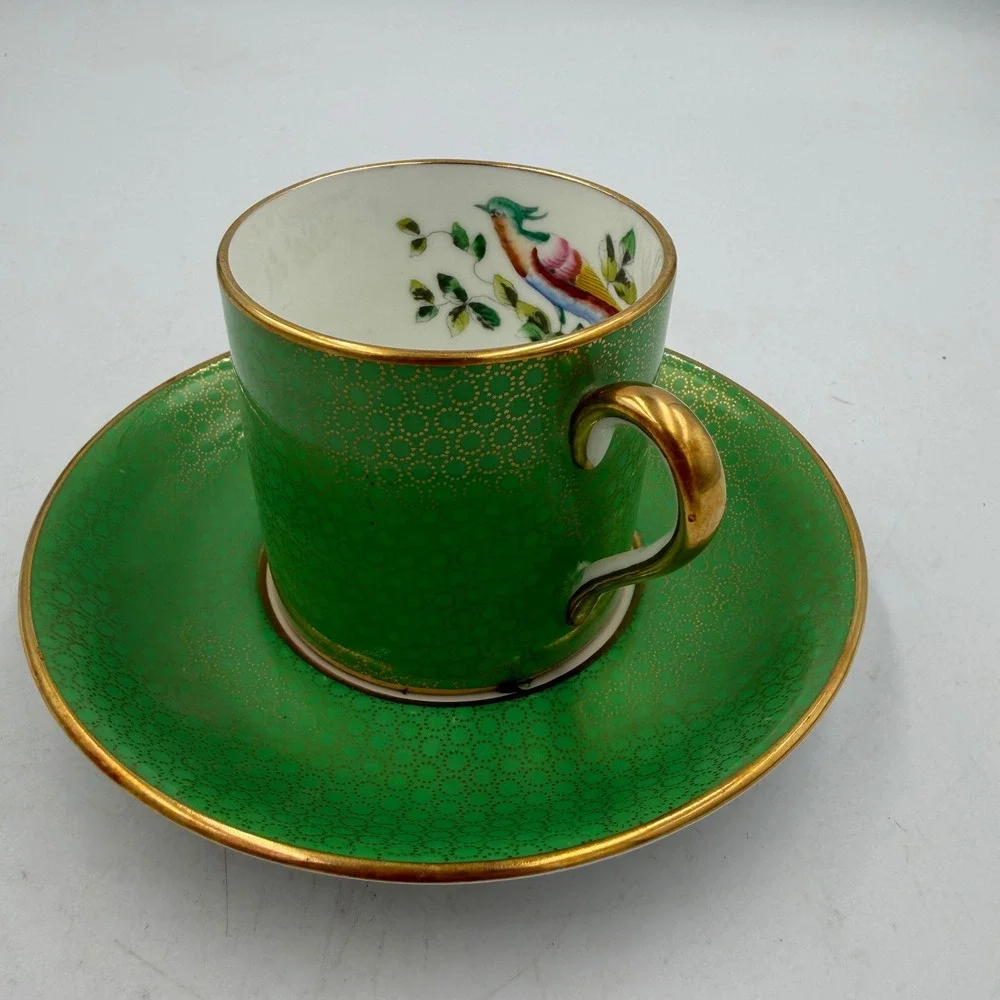 Rare Hammersley T Goode London Bone China Demitasse Cup Saucer Green Gold Bird